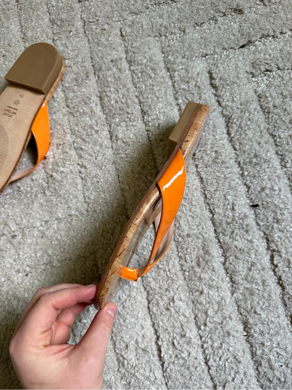 Stuart Weitzman Orange Patent Cork Flip Flops - Picture 5 of 8